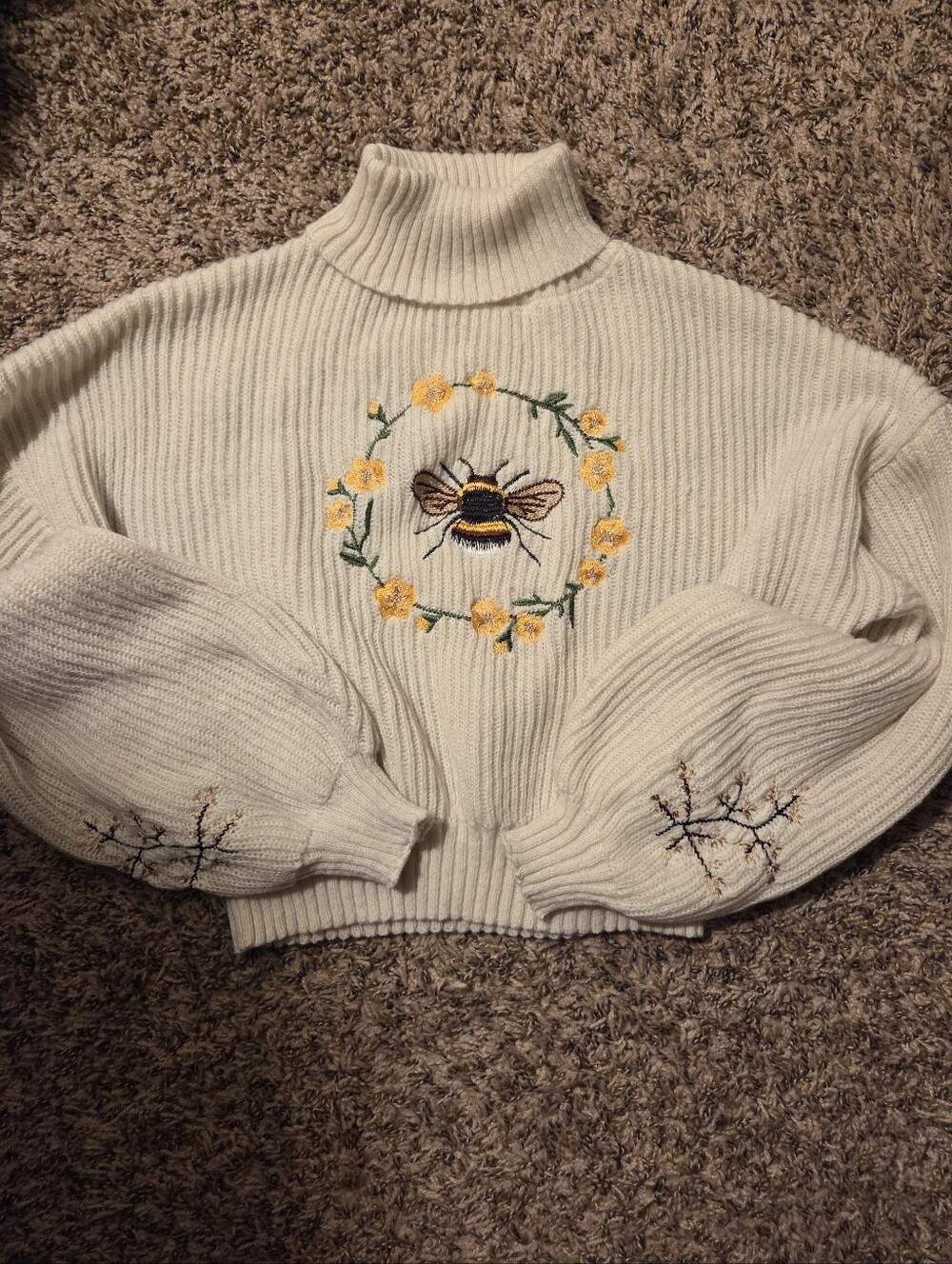 Cream Turtleneck Sweater with Embroidered Bee and Floral Wreath